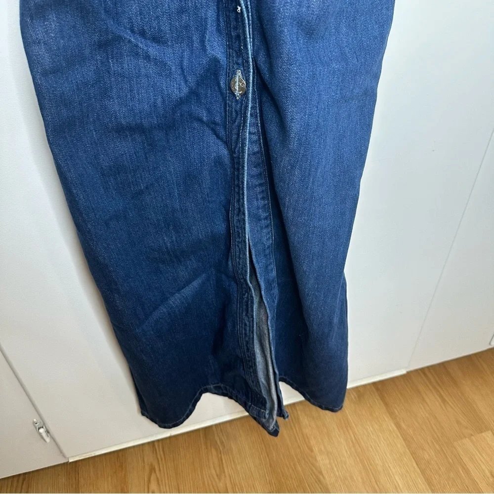 Etica Martine Plunge Neck Open Back Denim Maxi Dress Size Small NWT